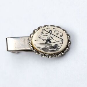 Vintage Scrimshaw Style Tie Clip Nautical Whaler Fisherman Silver Tone Maritime